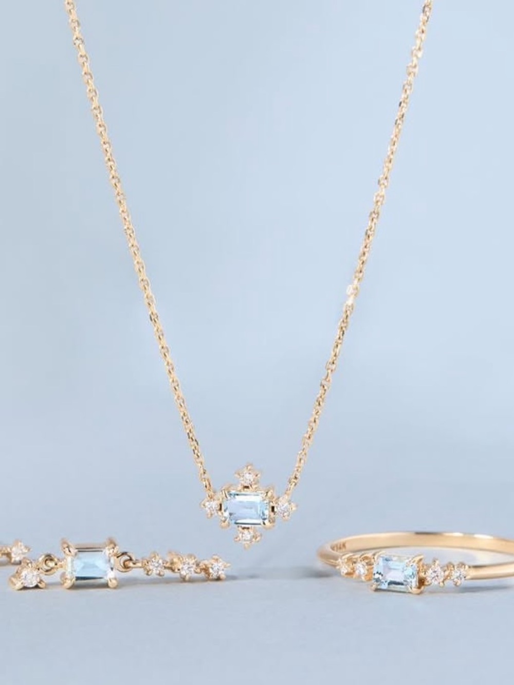 Catbird celeste aquamarine necklace 14k yellow gold pave diamonds. 16-18inch